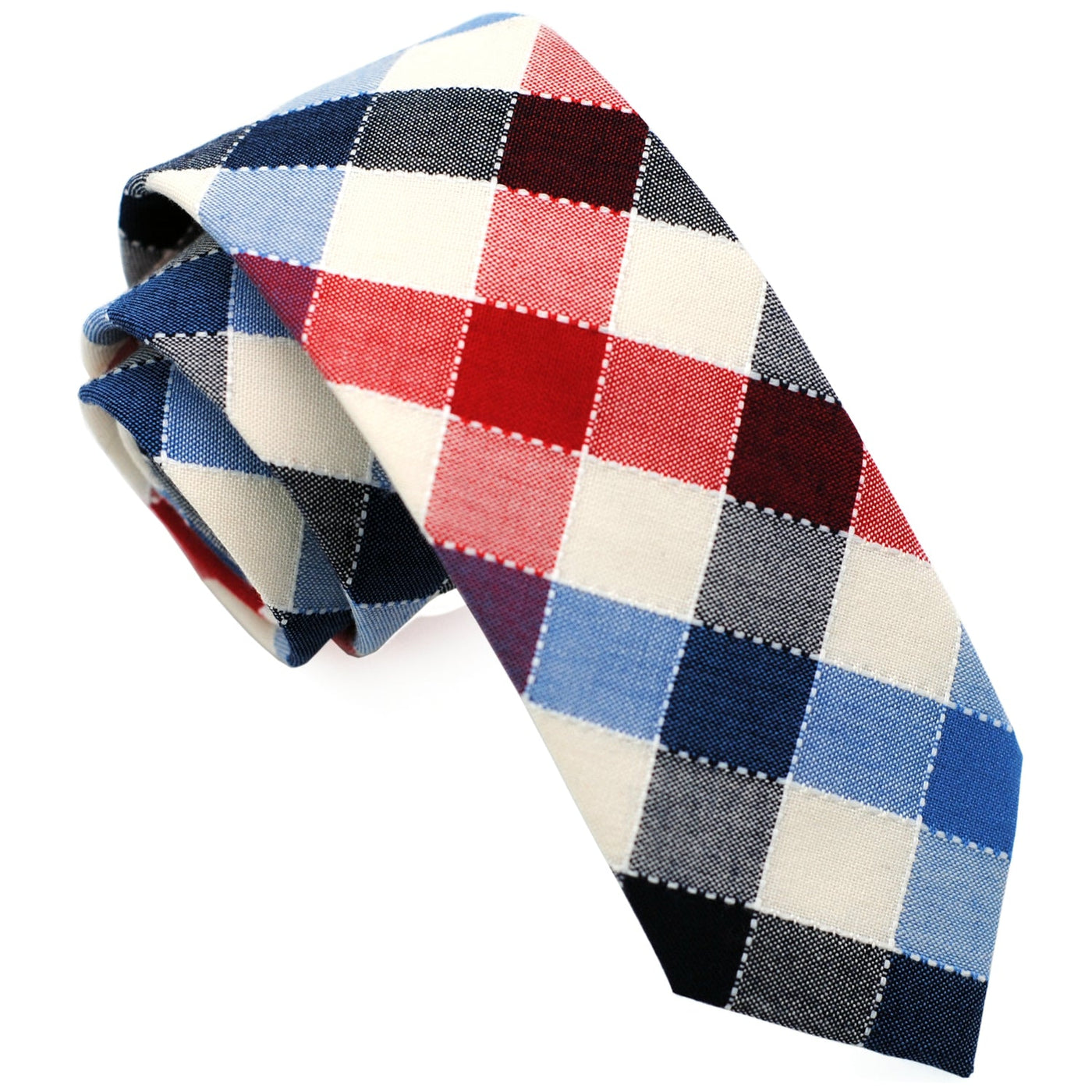 blue-red-beige-black-checkered-skinny-cotton-necktie