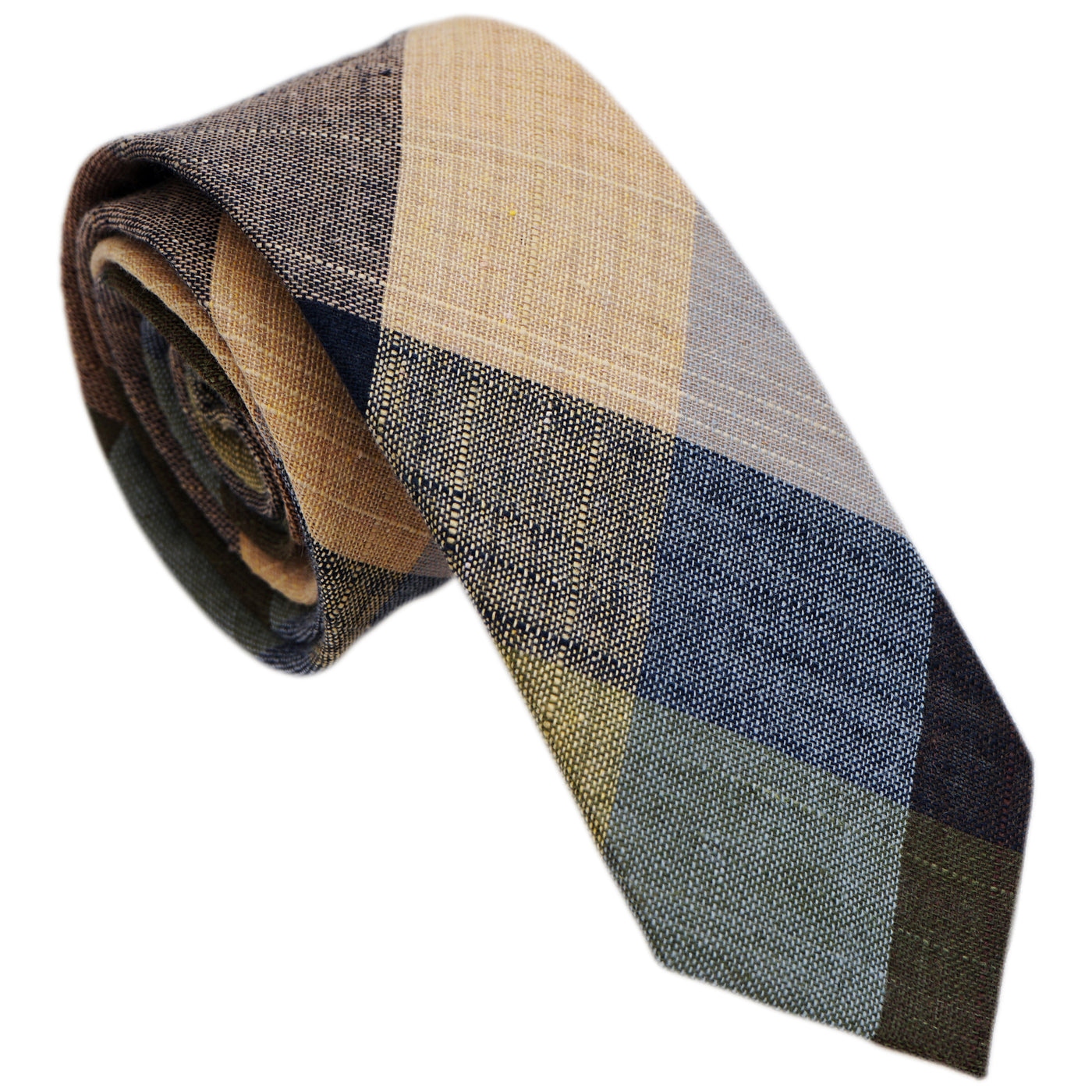 tan-green-checkered-skinny-cotton-necktie